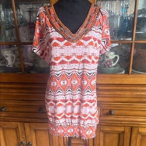 Embellished Geometric Print Blouse - Orange and White